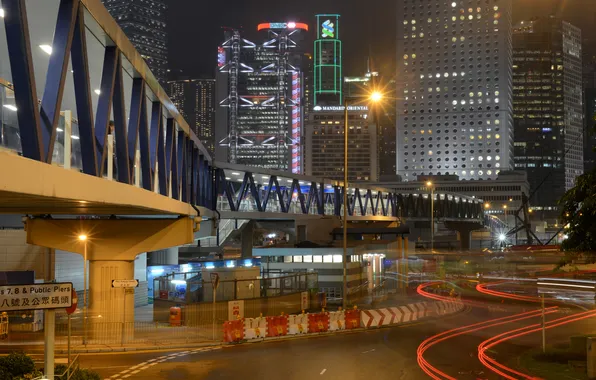 Road, night, bridge, lights, street, Hong Kong, advertising, skyscrapers