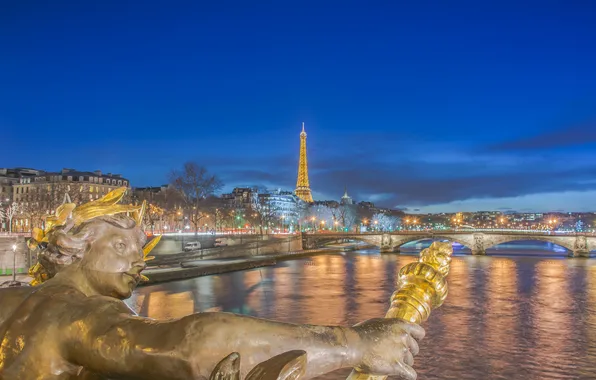 Night, bridge, lights, river, France, Paris, tower, Hay