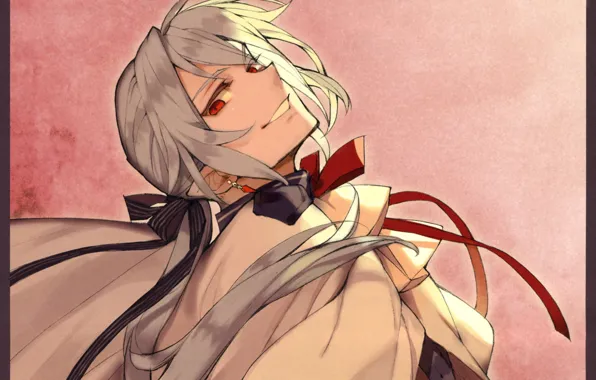 Smile, vampire, red eyes, pink background, the white cloak, red bow, sideways, The Last Seraphim
