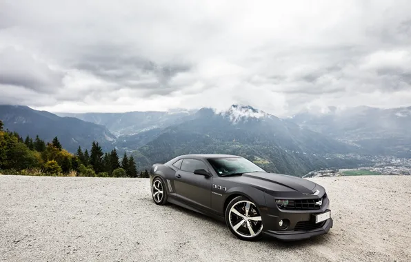 Picture the sky, mountains, clouds, black, Chevrolet, black, chevrolet, camaro ss