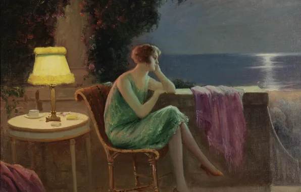 Picture sea, the moon, woman, lamp, oil, Academism, Dolphin Angola, Distant thoughts