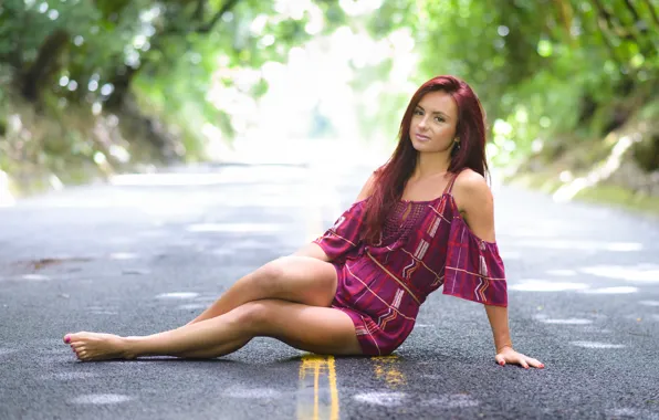Picture road, summer, look, girl, dress, sitting