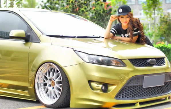 Picture auto, look, Ford, Girls, Asian, beautiful girl, posing on the hood of the car