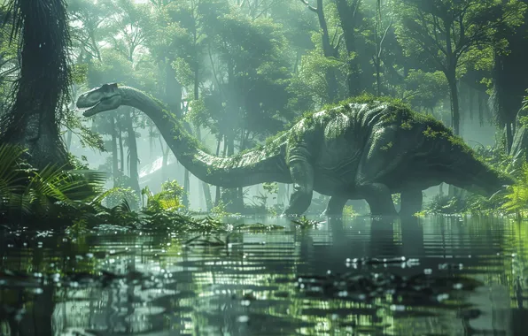 Picture Water, Grass, Trees, Dinosaur, Animal, Digital art, Ancient animals, Extinct animals