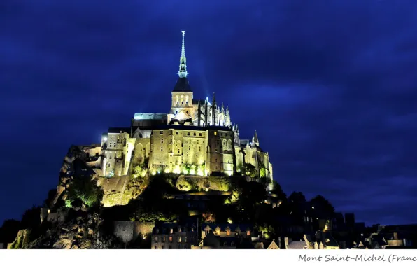 Night, castle, backlight, France, Mont-Saint-Michel