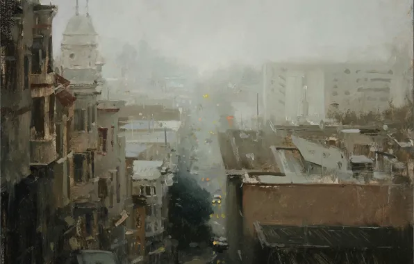 Road, the city, fog, street, Windows, home, the evening, roof