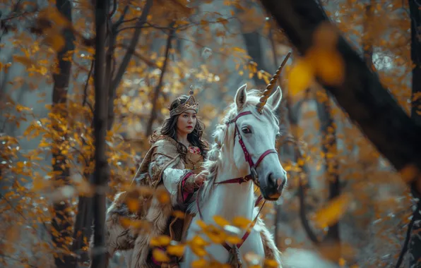 Autumn, forest, white, girl, trees, branches, nature, fog