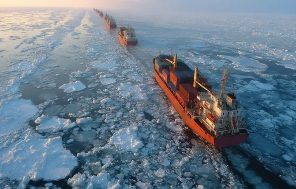 Winter, sea, light, snow, ship, ice, ships, morning