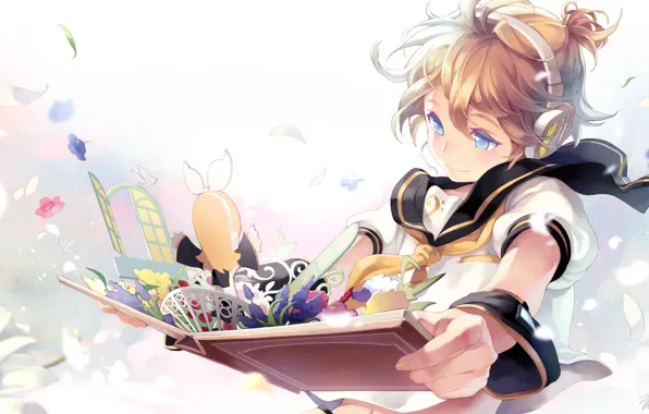 Picture anime, art, book, kagamine rin, Vocaloid