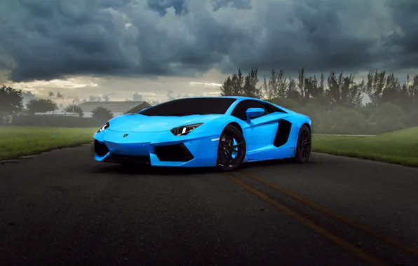 Picture clouds, Lamborghini, supercar, blue, Aventador, hq Wallpapers