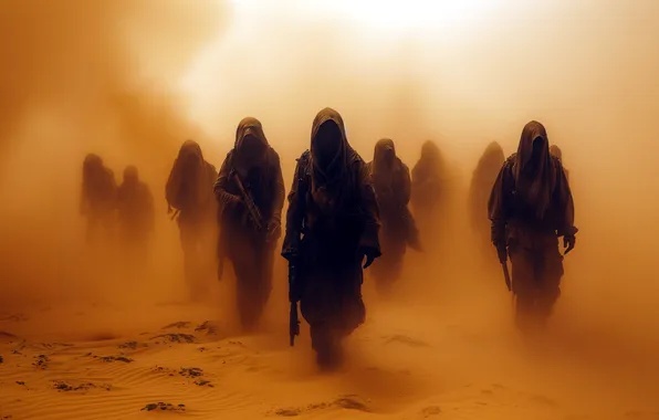 SAND, WEAPONS, PEOPLE, SILHOUETTES, DUST, DESERT, HOOD, BEDOUINS