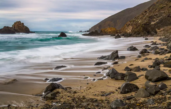 Picture sand, sea, wave, beach, stones, rocks, shore, coast