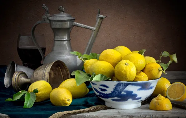 Picture the dark background, food, dishes, pitcher, fruit, still life, lemons, composition