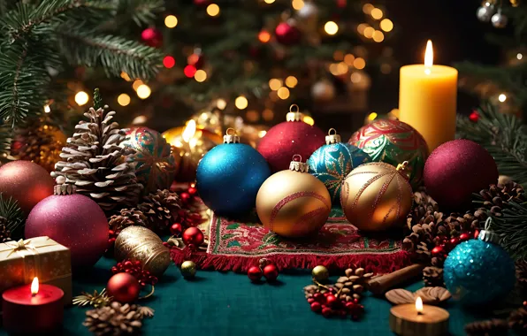 Balls, branches, lights, pattern, candle, candles, Christmas, red