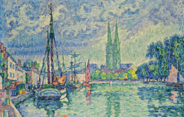 Picture ship, picture, pier, Paul Signac, pointillism, The Odet at Quimper