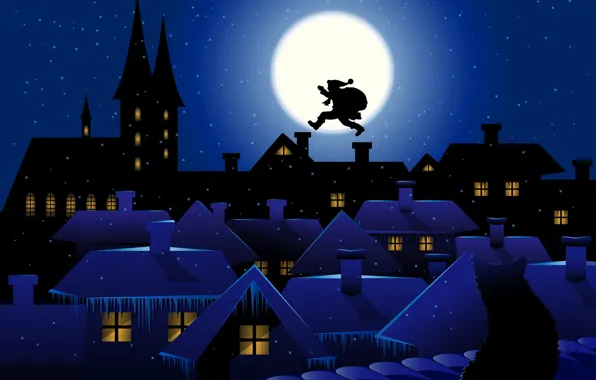 Winter, cat, cat, snow, night, the city, the dark background, holiday