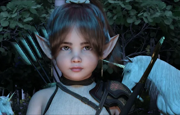 Girl, fantasy, elf, fantasy, elf, rendering, unicorns, unicorns