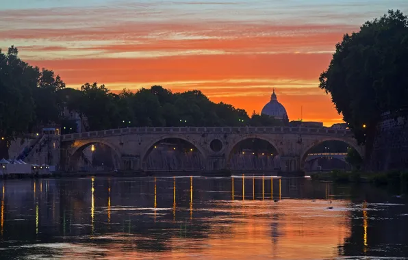 River, the evening, Rome, Italy, glow, the dome, St. Peter's Cathedral, The Tiber