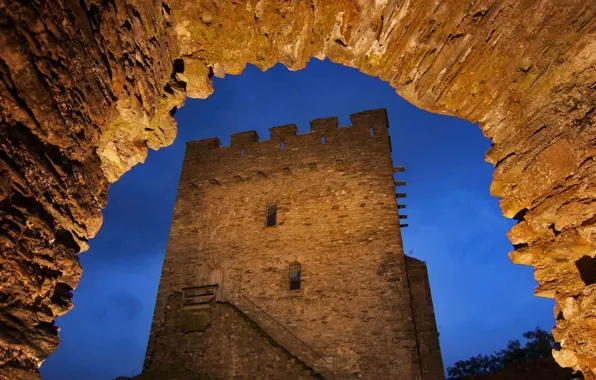 Night, lights, tower, Wales, castle Dolwyddelan