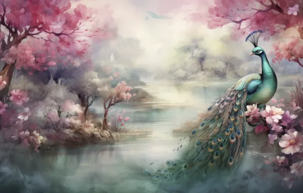 Water, trees, flowers, branches, nature, fog, lake, pond