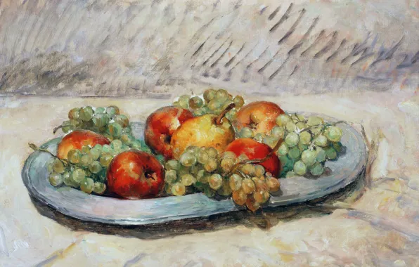 Apple, picture, grapes, pear, dish, Henri Lebacq, Still life with fruit