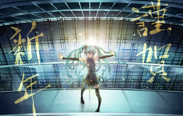 Picture girl, light, the city, building, characters, vocaloid, long hair, Vocaloid