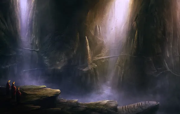 Mountains, bridge, fog, bird, people, art, korbox