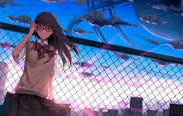 The sky, girl, clouds, sunset, the city, the fence, anime, art