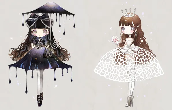 Girls, cross, umbrella, crown, mirror, shoes, bag, bows