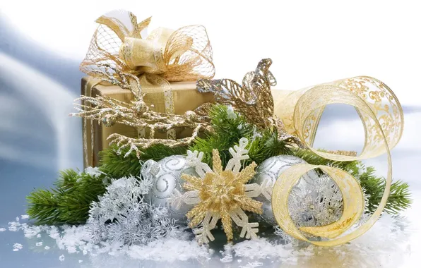 Balls, branch, tape, snowflake, gold, 1920x1200, Gift