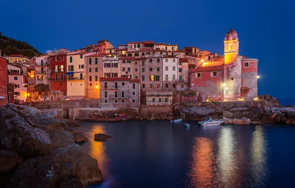 Picture sea, night, lights, boat, tower, home, Italy, Liguria