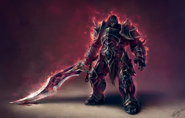 Fire, blood, sword, armor, warrior, spikes, chain, armor
