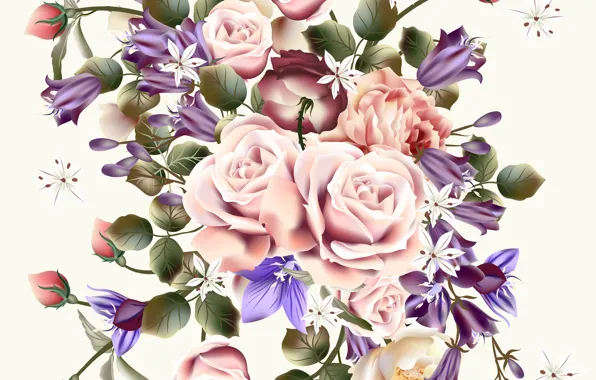Picture flowers, retro, Wallpaper, roses, white background, buds, vintage