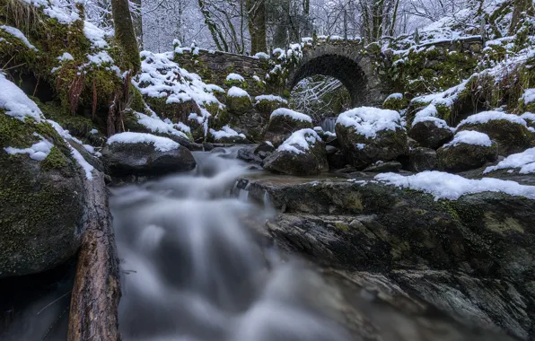 Forest, snow, bridge, stones, Scotland, river, Scotland, Glen Creran
