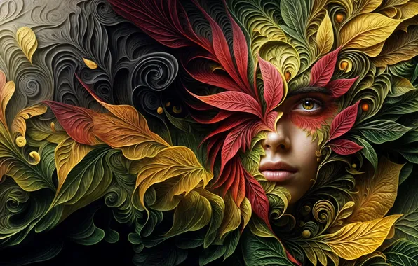 Autumn, look, leaves, girl, face, style, the dark background, fiction