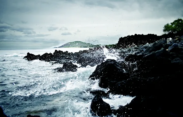 Sea, wave, water, stones, rocks, Hawaii