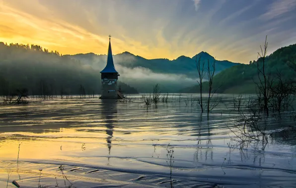 Picture mountains, fog, dawn, spring, morning, Church, lowland, flooded