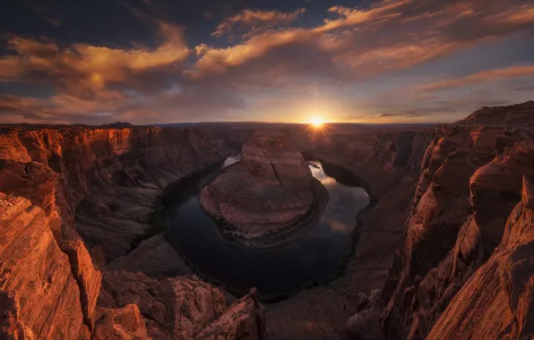 The sun, clouds, sunset, mountains, river, rocks, view, Colorado