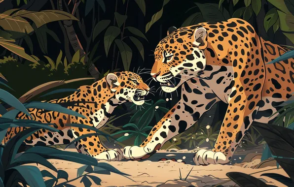 Picture Look, Kitty, Leaves, Cub, Jungle, Two, Art, Digital art