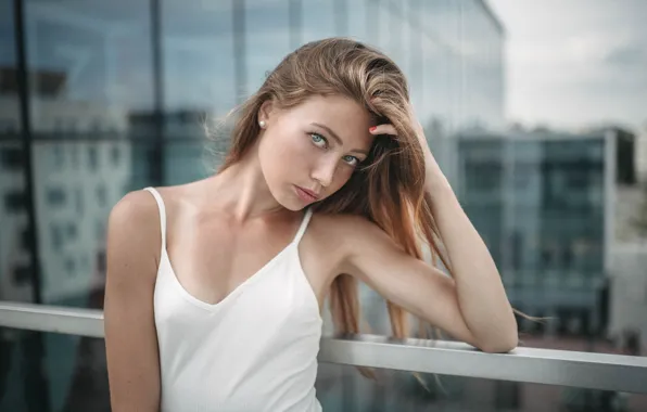 Picture look, girl, pose, the wind, model, hair, building, blonde