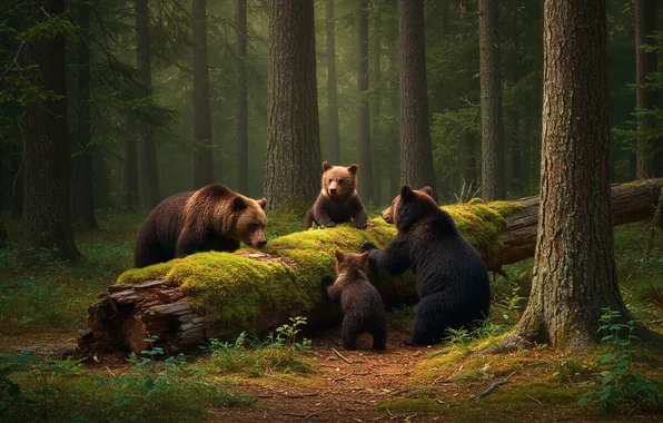 Forest, trees, moss, bears, art, log, forest, bears