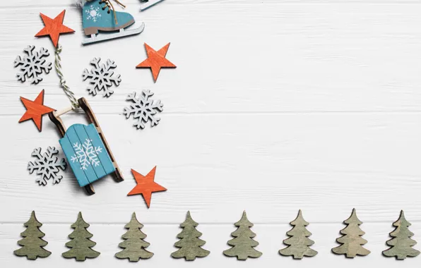 White, snowflakes, background, holiday, tree, New year, sled, trees