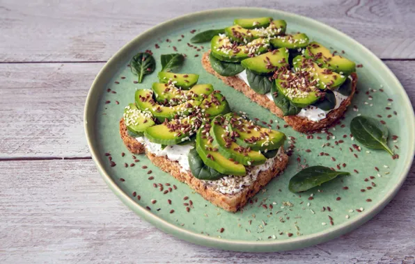 Greens, leaves, Board, plate, placer, slices, sesame, avocado