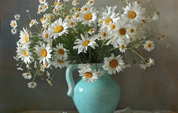 Flowers, table, blue, chamomile, bouquet, vase, pitcher, white