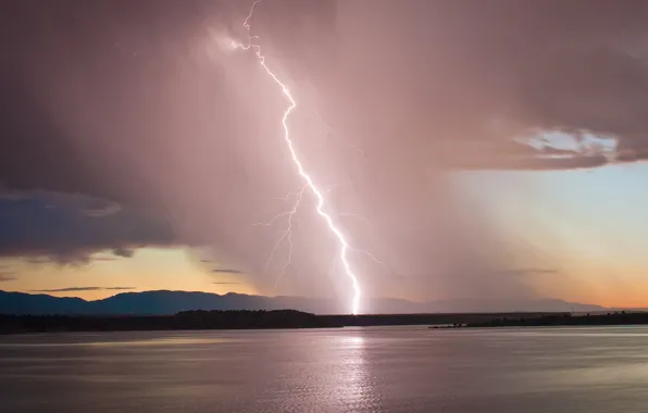 The storm, the sky, sunset, lake, lightning, the evening, Colorado, USA