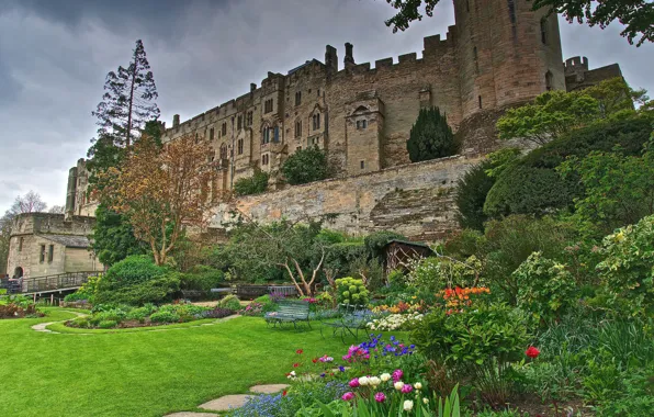 The sky, clouds, trees, flowers, Park, castle, England, the bushes