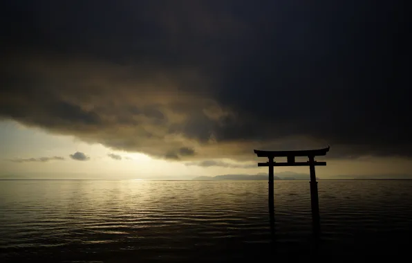 Picture the sky, clouds, landscape, the ocean, gate, Japan, Japan, torii