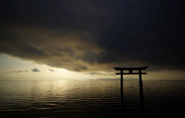 The sky, clouds, landscape, the ocean, gate, Japan, Japan, torii