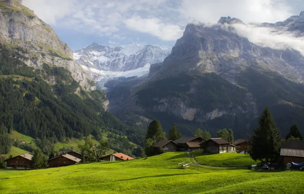 Mountains, fog, Alps, meadow, haze, house, Alpine village