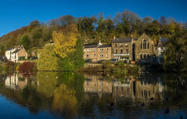 Picture autumn, trees, river, England, home, Sunny, Derbyshire, Cromford